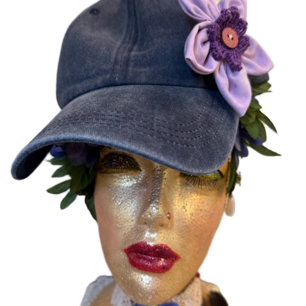 Denim Baseball Cap Navy Embellished Handmade Lavender Pin Removable